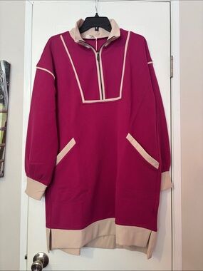 Bright Magenta Half-Zip Tunic with Cream Accents